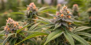 Gros plan de têtes de cannabis avec pistils orange et trichomes.