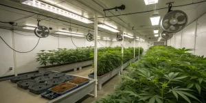 Salle de culture de cannabis en intérieur avec ventilation et éclairage horticole.