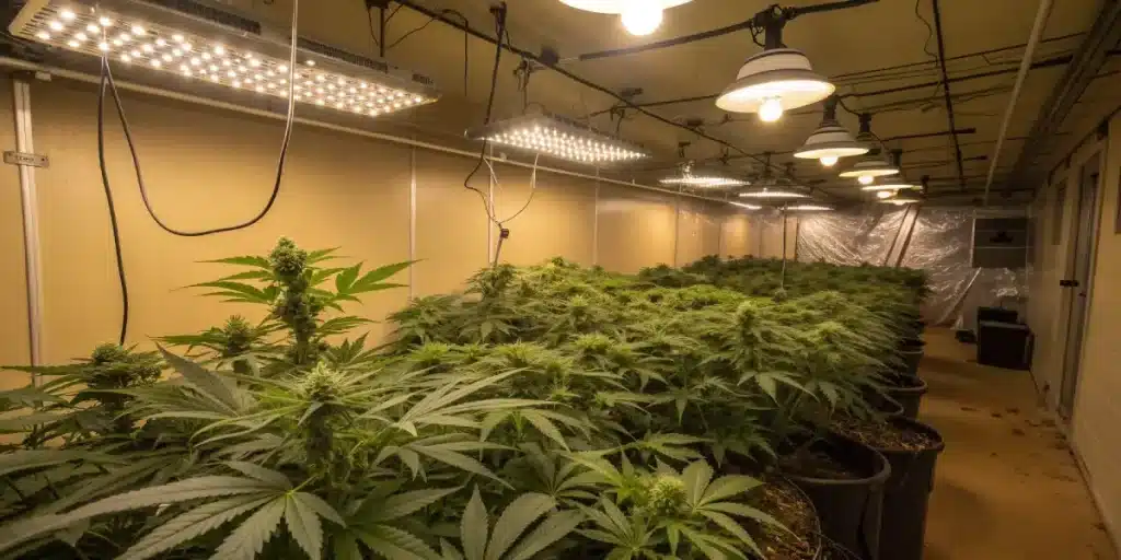 Culture de cannabis en intérieur avec éclairage LED et nombreuses plantes.