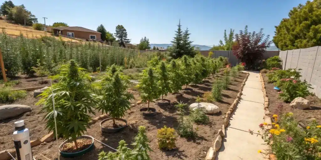 Jardin extérieur avec rangées de plants de cannabis cultivés en pots.