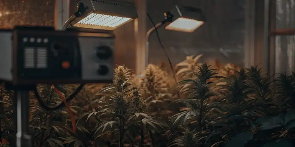 lampes horticoles éclairant une culture de cannabis en intérieur