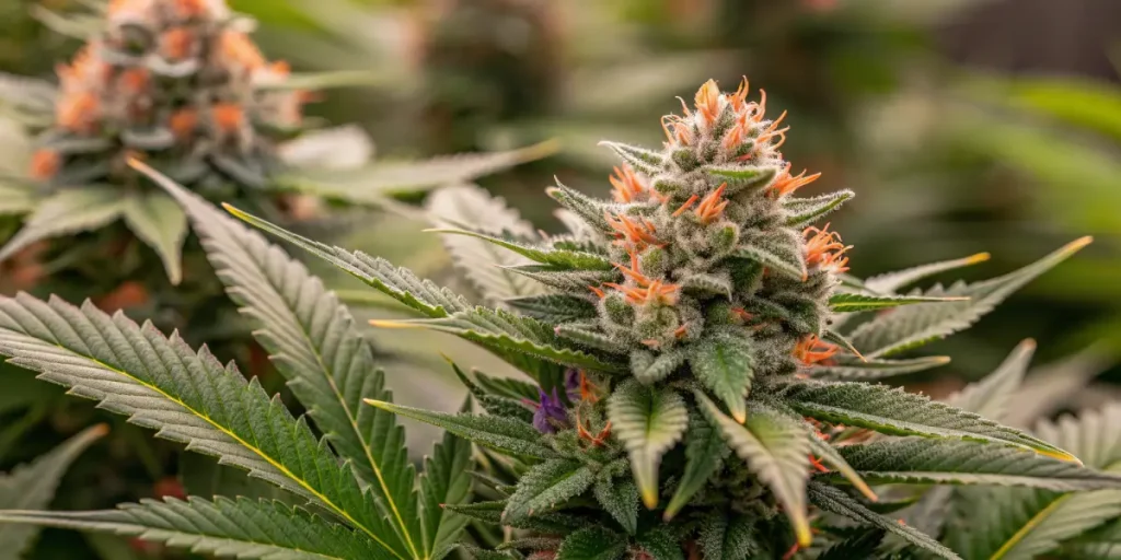 Macro d’une tête de cannabis avec trichomes et pistils orange.