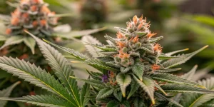 Macro d’une tête de cannabis avec trichomes et pistils orange.