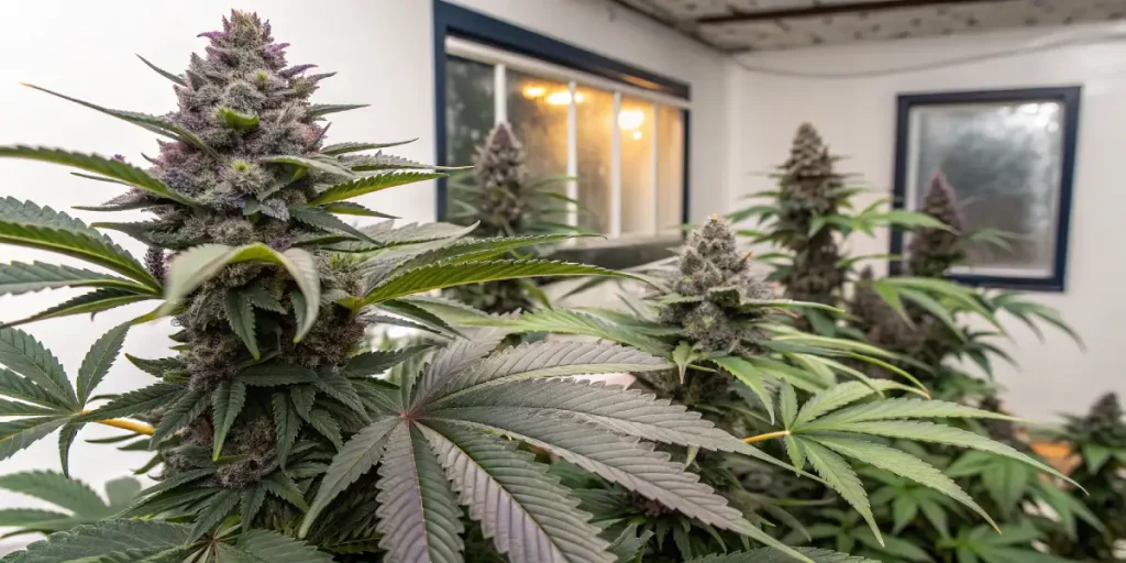 Plante de cannabis aux fleurs violettes cultivée en intérieur pendant la floraison.