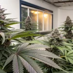 Plante de cannabis aux fleurs violettes cultivée en intérieur pendant la floraison.
