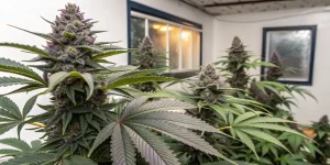 Plante de cannabis aux fleurs violettes cultivée en intérieur pendant la floraison.