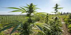 Plantes de cannabis cultivées en extérieur dans un champ agricole ensoleillé.
