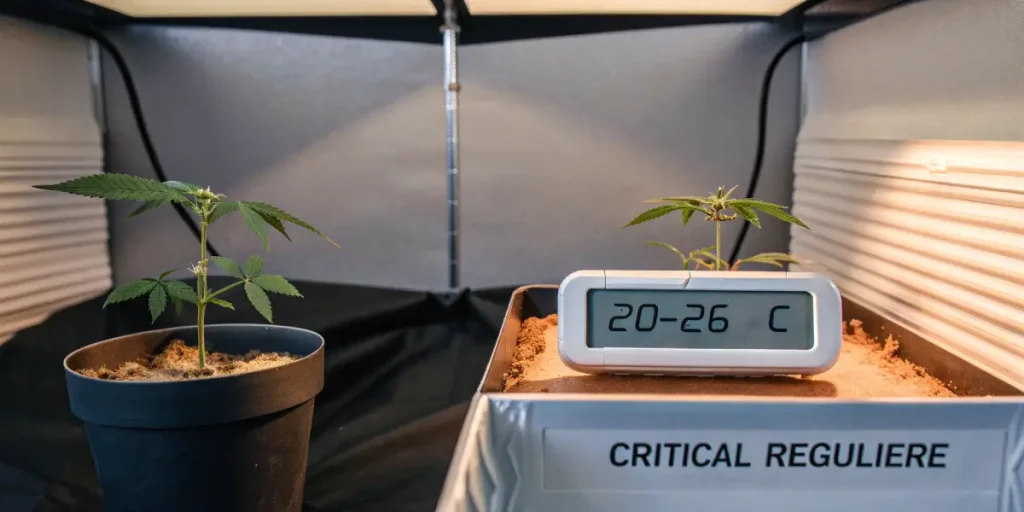 Deux jeunes plants de cannabis Critical Reguliere en phase vegetative sous lampe de culture LED. Un thermometre digital indique une temperature optimale pour favoriser une croissance saine et reguliere en espace controle.