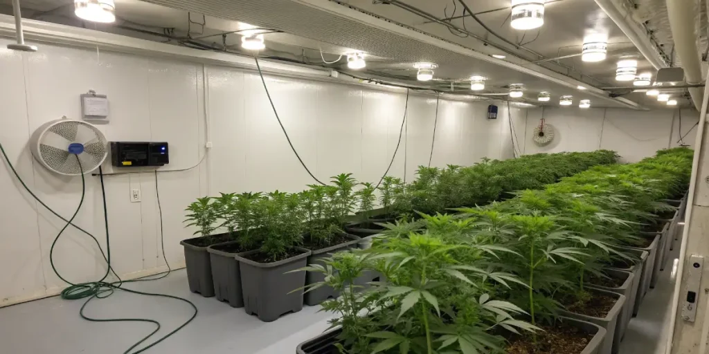Salle de culture de cannabis en intérieur avec ventilateurs et éclairage horticole.
