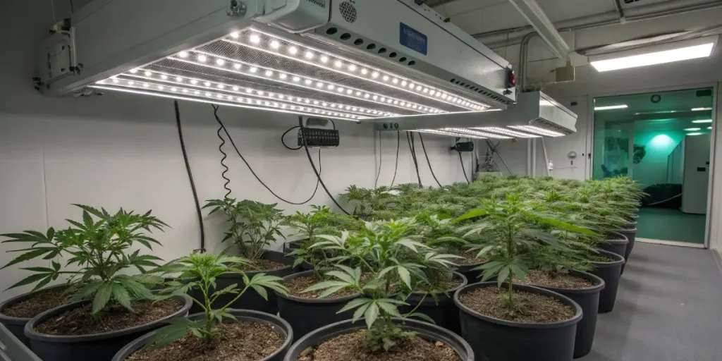 Salle de culture de cannabis en intérieur avec éclairage LED horticole.