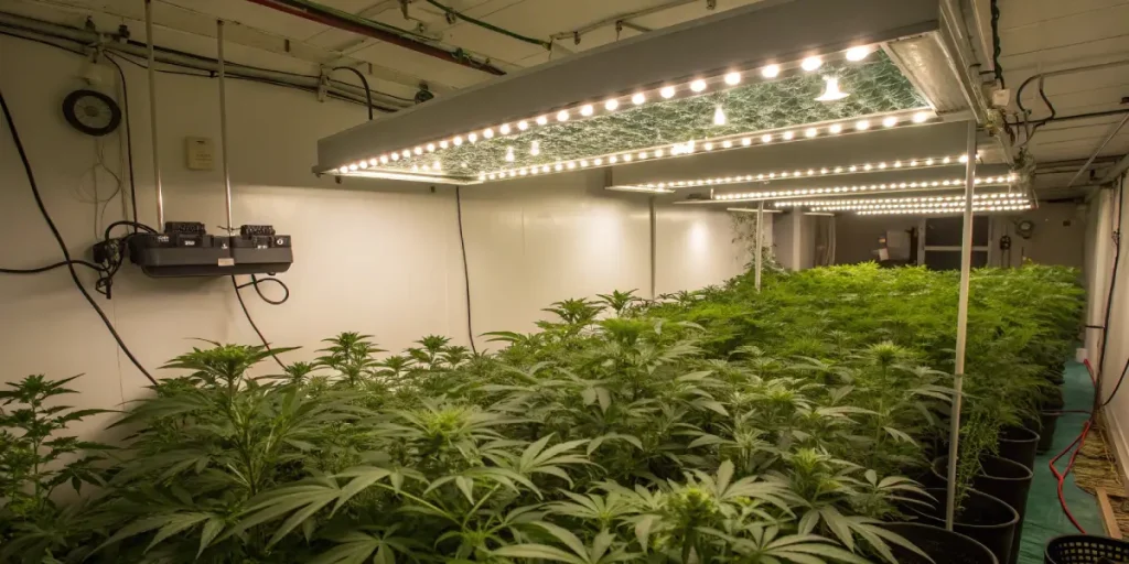 Salle de culture de cannabis en intérieur avec lampes horticoles suspendues.