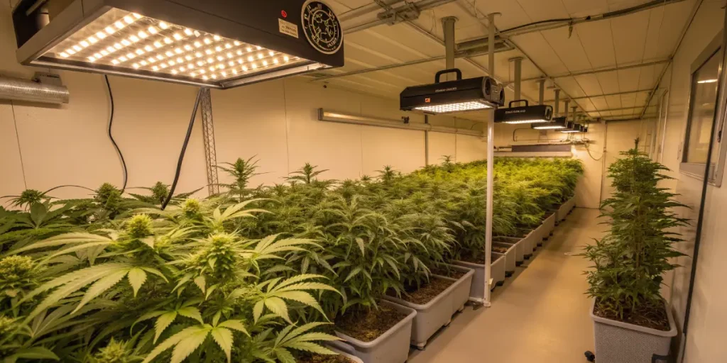 Plants de cannabis cultivés en intérieur sous éclairage horticole.