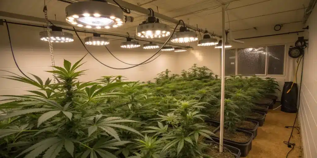 Salle de culture de cannabis en intérieur avec lampes LED horticoles.