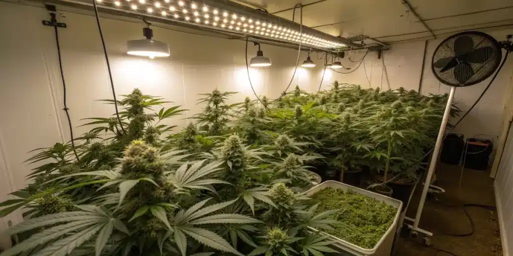 Salle de culture de cannabis en intérieur avec plantes en floraison sous lampes LED.