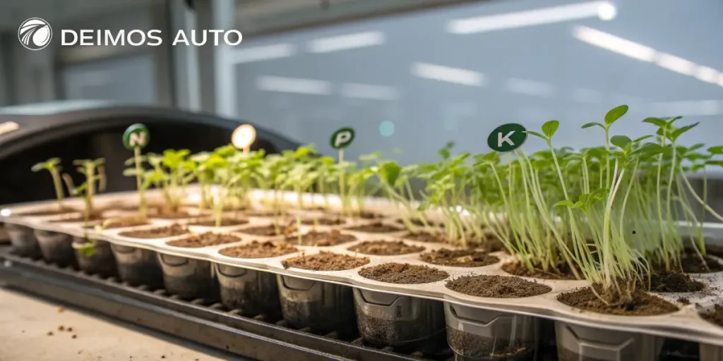 Jeunes semis de plantes cultivés en laboratoire avec indicateurs de nutriments NPK.