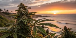 Gros plan sur une tête de cannabis au coucher du soleil près de la mer.