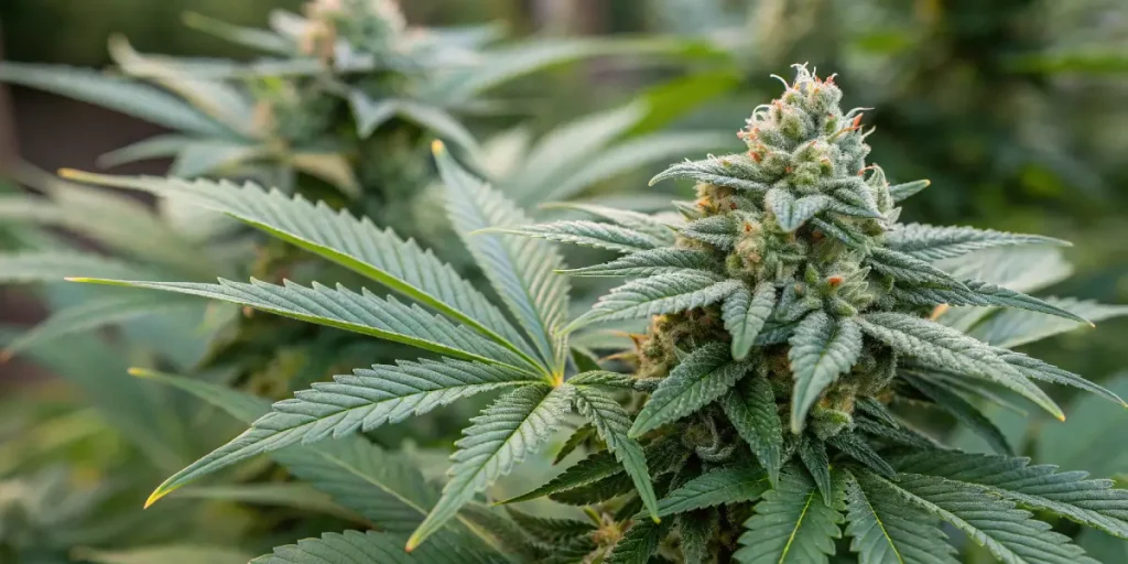 Photographie macro d’une fleur de cannabis dense avec une forte présence de trichomes et de pistils orange. Les détails de la résine illustrent la maturation des bourgeons pendant la phase de floraison.