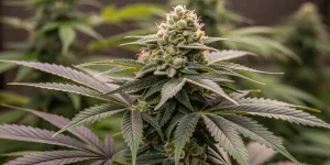 Gros plan détaillé d’une tête de cannabis mature couverte de trichomes avec des pistils orangés. Les feuilles vert foncé entourent la fleur dense dans un environnement de culture.