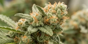 Gros plan sur une tête de cannabis couverte de trichomes.