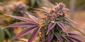 Tête de cannabis violette avec pistils orange et trichomes visibles.