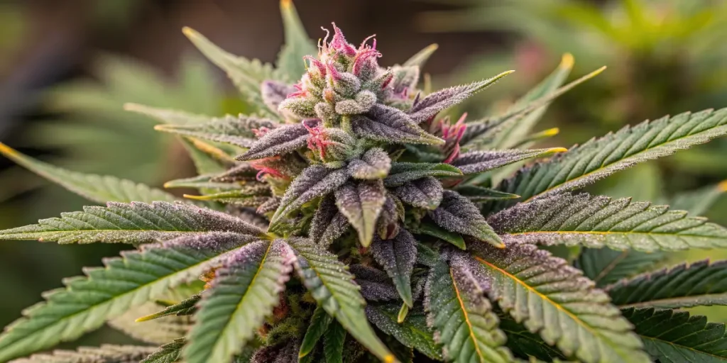 Tête de cannabis violette couverte de trichomes en macro.