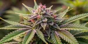 Tête de cannabis violette couverte de trichomes en macro.
