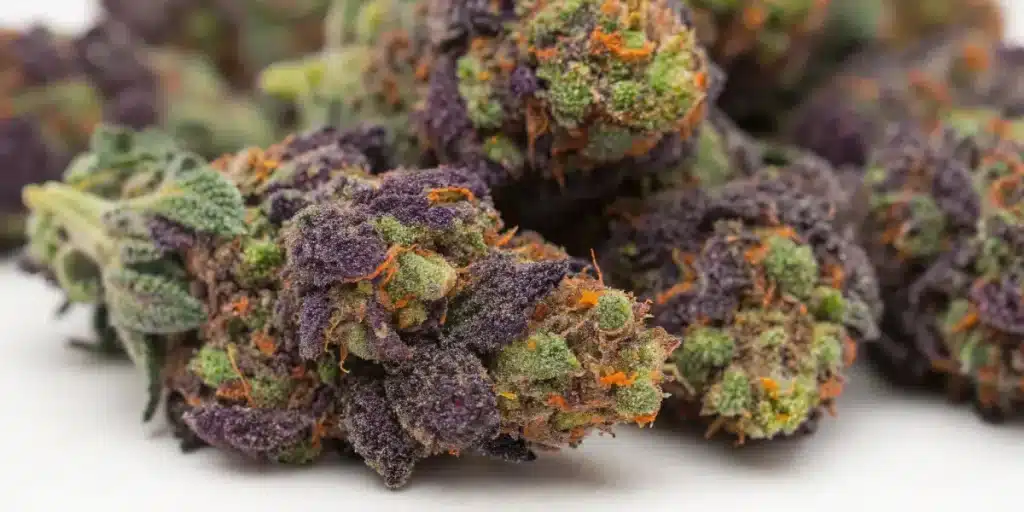 Gros plan sur des têtes de cannabis violettes avec trichomes et pistils orange