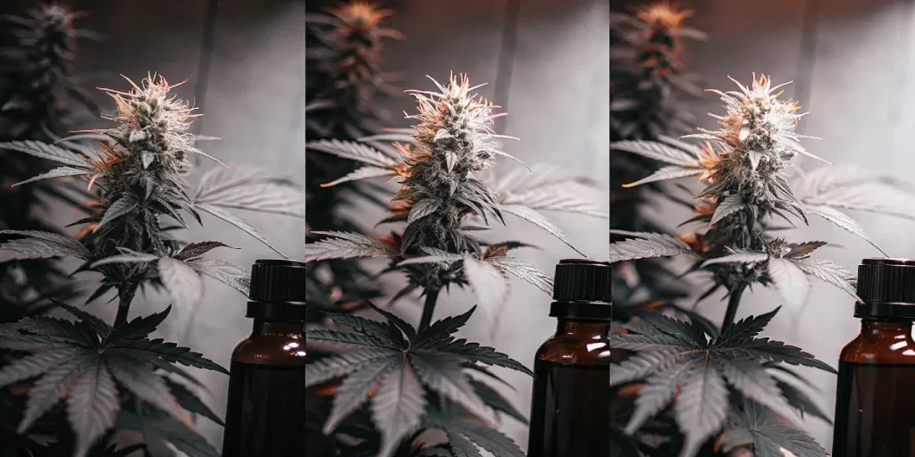 plante de cannabis en floraison avec flacon pour extraction de terpènes