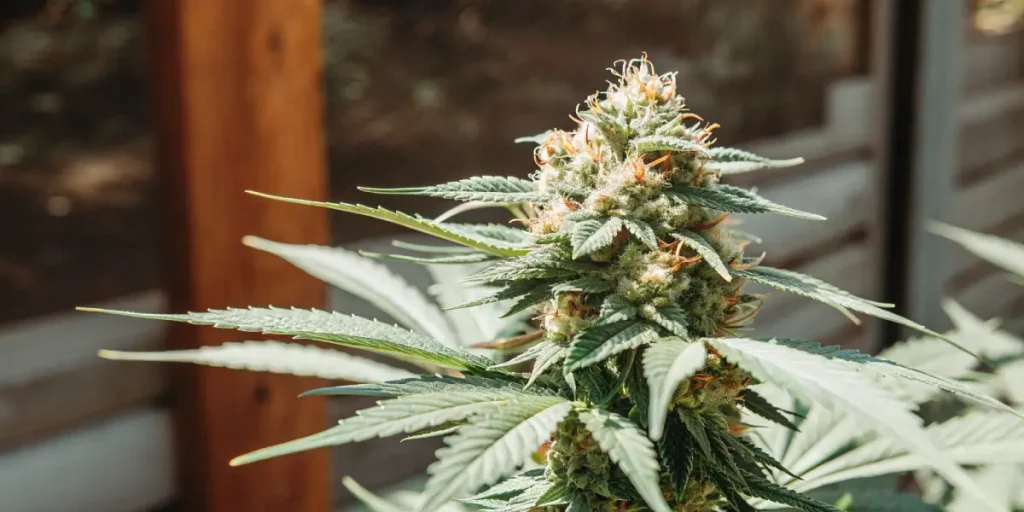 gros plan d’une cola de cannabis en extérieur avec buds résineux