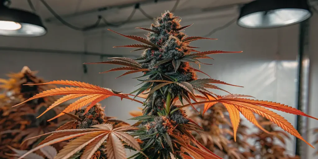 plante de cannabis avec feuilles orangées en phase de floraison en intérieur