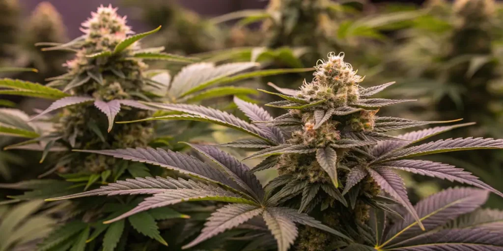 gros plan de buds de cannabis violets en phase de floraison