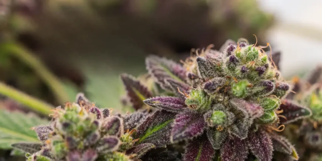 gros plan macro de buds de cannabis violets riches en trichomes
