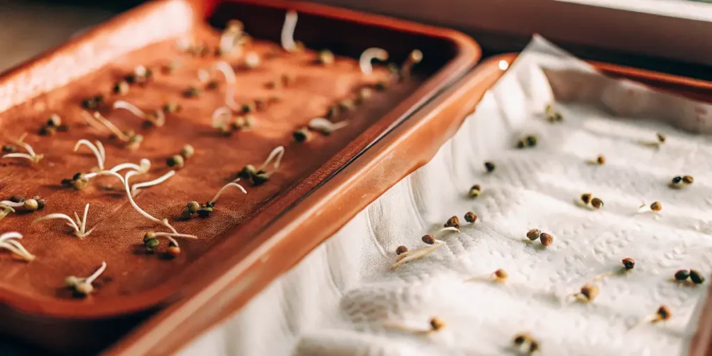 germination des graines de cannabis avec méthode du papier humide et racines visibles