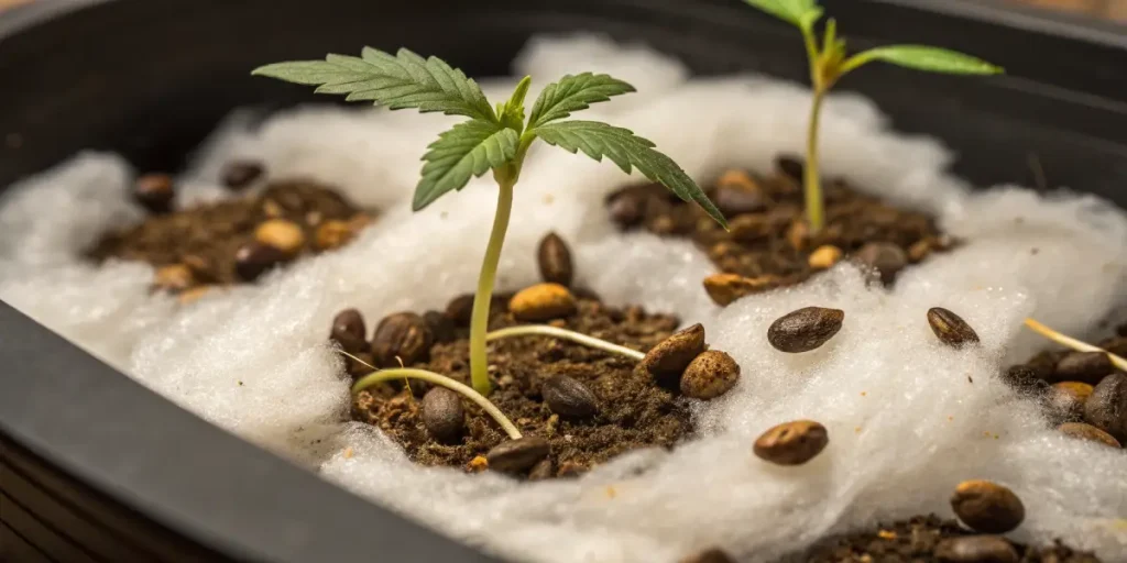 cannabis seedling germination in soil with cotton substrate and visible seeds