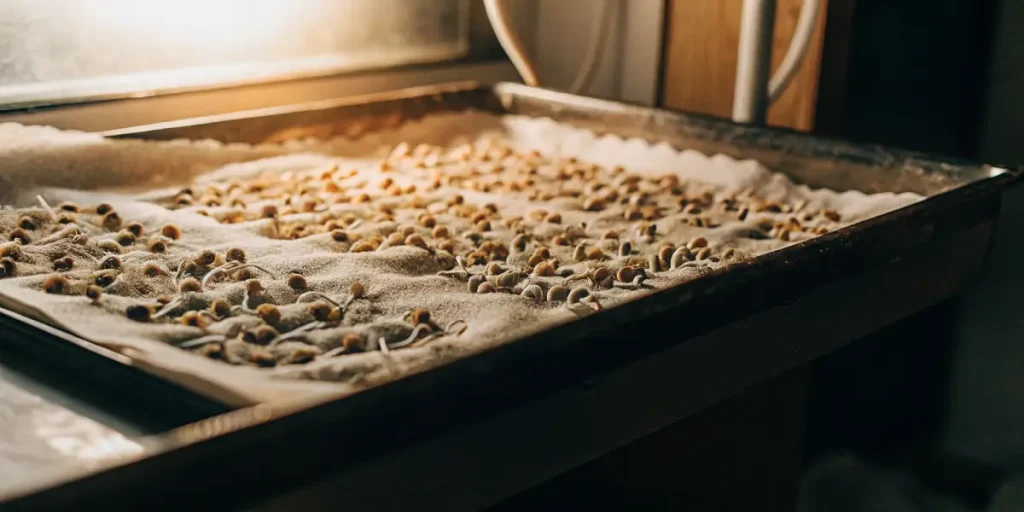 graines de cannabis en germination dans un plateau avec substrat humide