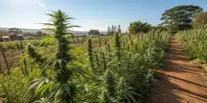 Champ de cannabis cultivé en extérieur avec rangées de plantes.