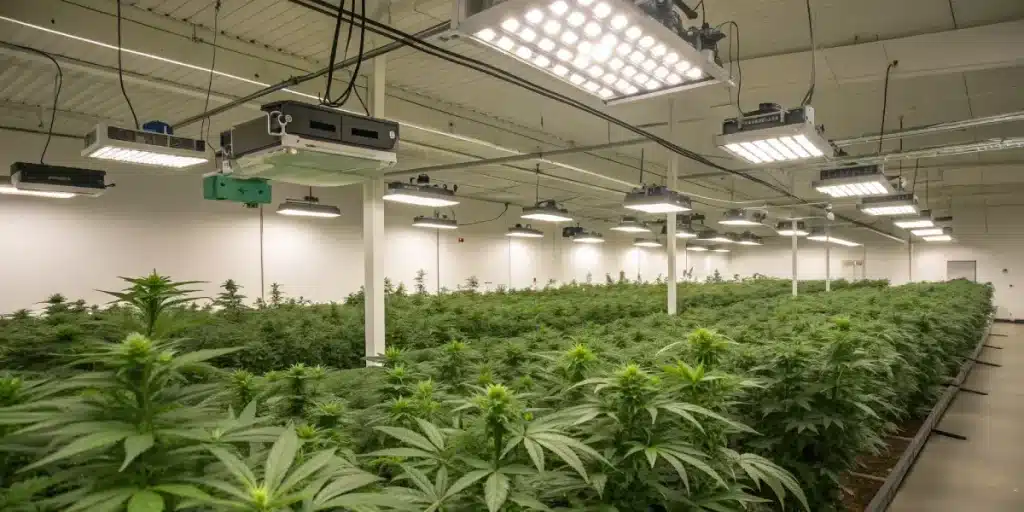 grande installation de culture de cannabis en intérieur avec éclairage LED