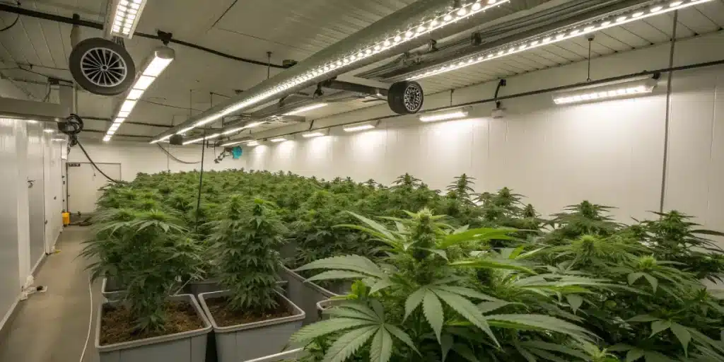 grande salle de culture de cannabis en intérieur avec nombreuses plantes
