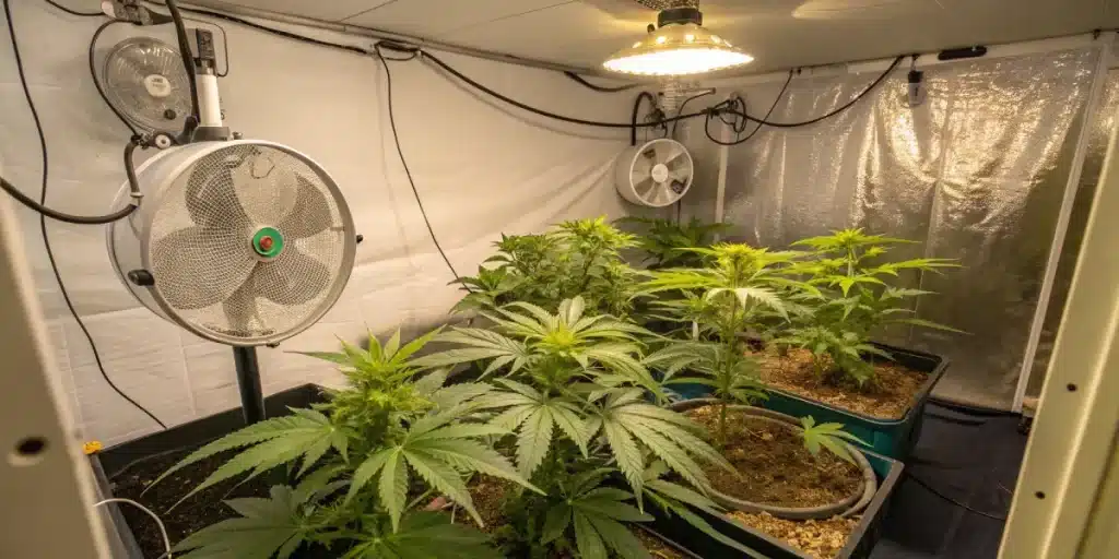 indoor cannabis grow tent with ventilation fans and healthy plants under artificial light