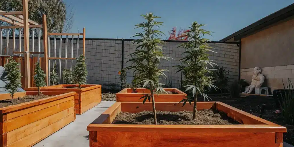 Plants de cannabis cultivés en extérieur dans des bacs en bois dans un jardin