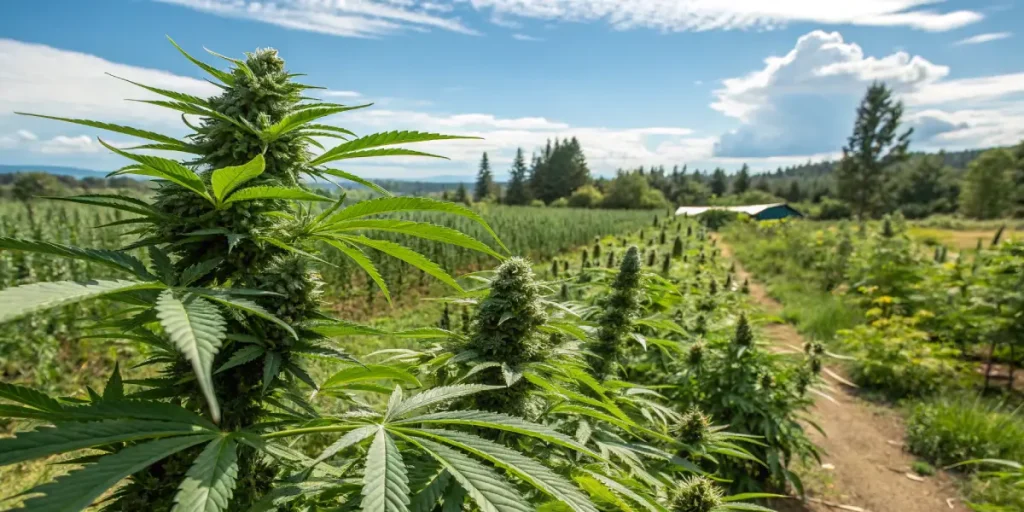 Plantes de cannabis cultivées en extérieur dans un grand champ.