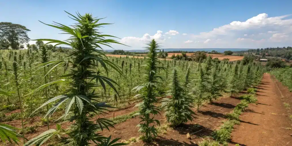 Grande plantation de cannabis cultivée en extérieur dans un champ agricole.