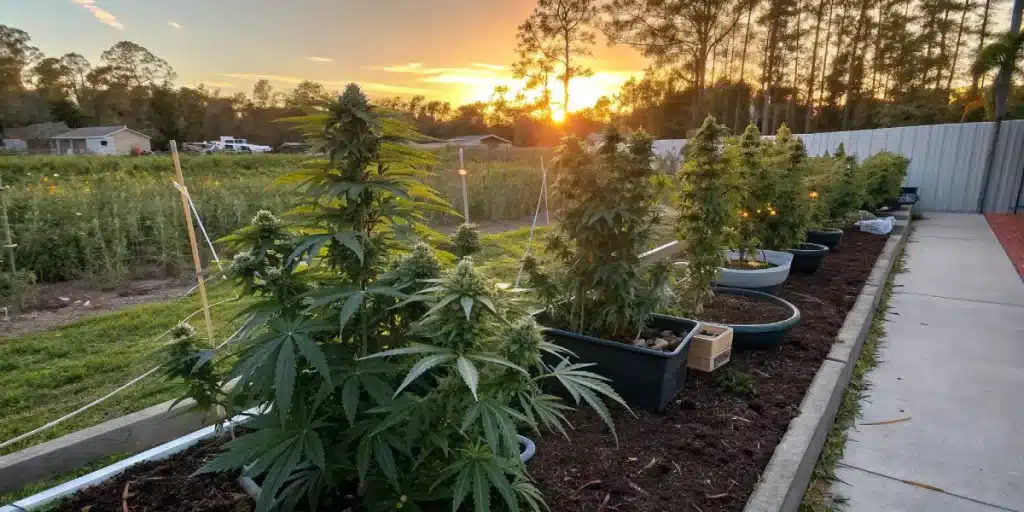 Plantes de cannabis cultivées en pots dans un jardin extérieur.