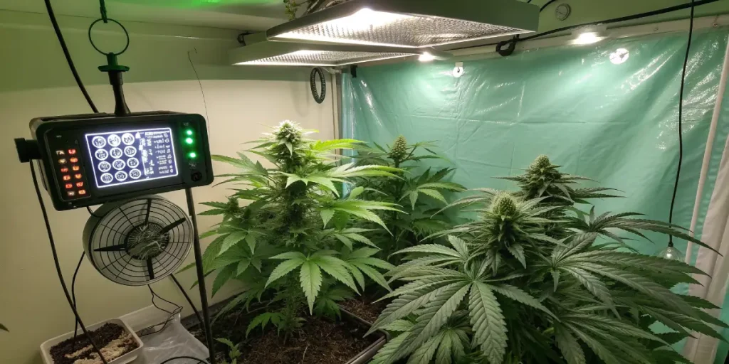 Plantes de cannabis cultivées en intérieur avec système de contrôle climatique.