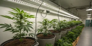 Plantes de cannabis cultivées en intérieur dans de grands pots sous LED.