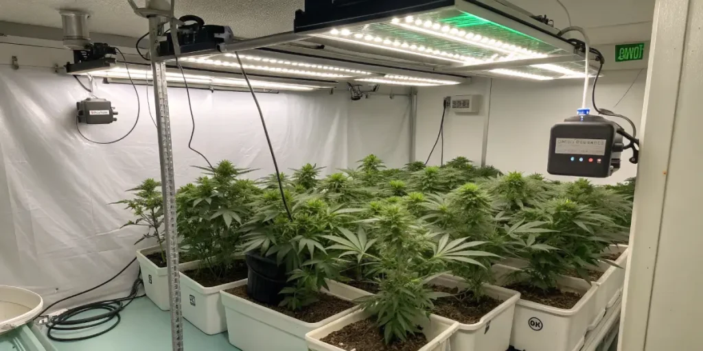Salle de culture de cannabis en intérieur avec éclairage LED.