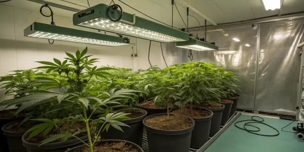 Installation professionnelle de culture de cannabis en intérieur sous lampes LED.