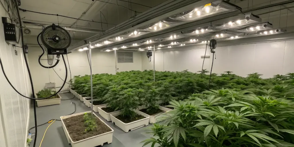 Installation professionnelle de culture de cannabis en intérieur avec éclairage.