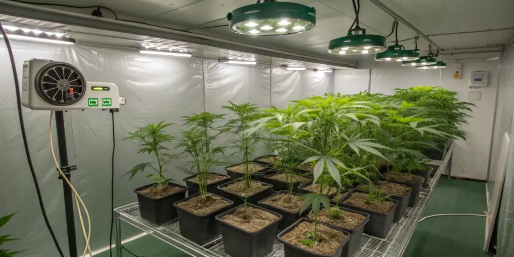 Plantes de cannabis en intérieur sous lampes horticoles circulaires.