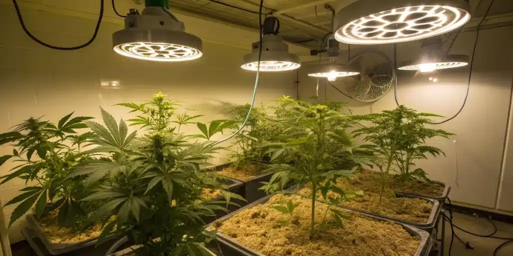 Plantes de cannabis cultivées en intérieur sous lampes LED circulaires.